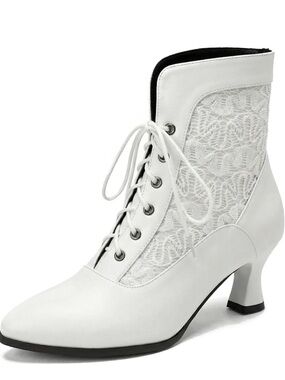 Women's White Lace-Up Lace Panel Ankle Boots